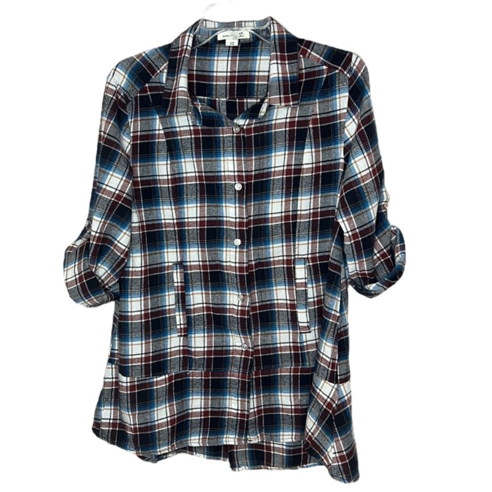 Simply Noelle Plaid Button Down Tunic Shacket Pockets Roll Tab Sleeve Size S/M - Picture 2 of 14